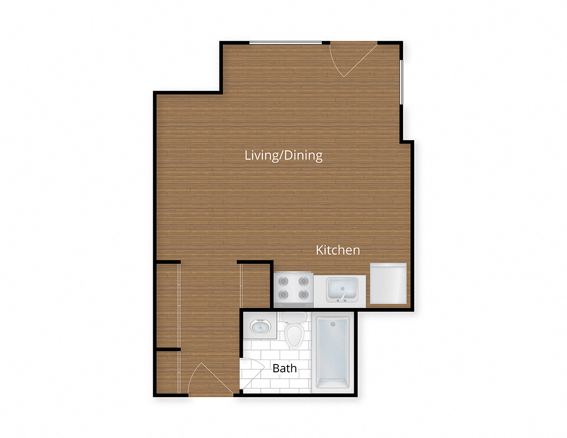 Floor plan for studio, 1 bath, 409 sqft